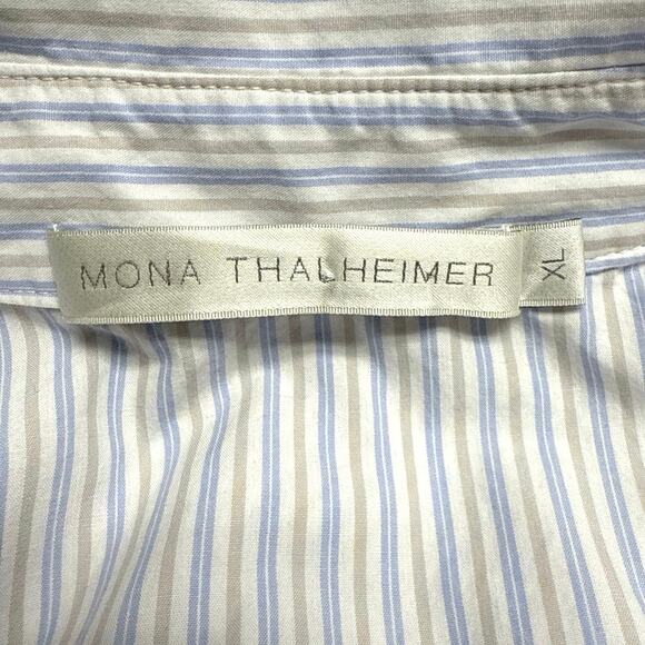 Mona Thalheimer Midi Shirt Dress Size XL White Blue Beige Stripe Button Up - Picture 4 of 5